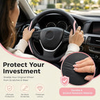 Steering Wheel Cover Black and Pink Leather Universal 14.5-15 inch | Car Steering Wheel Covers with Coasters Microfiber Breathable Anti-Slip Durable Steering Wheel Accessories Set for Woman