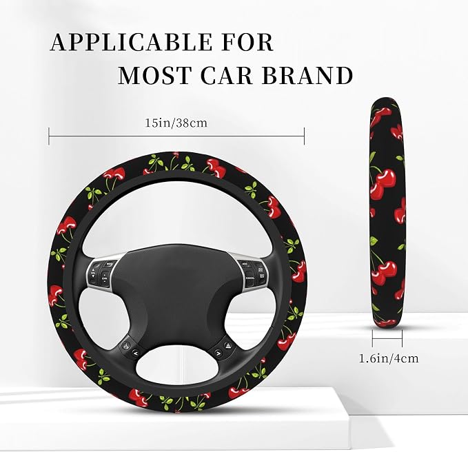 Cherry Hearts Red 3-Pc Car Set :Steering Wheel Cover + 2 Pc Car Coasters | neoprene Non-Slip Breathable Elasticity Universal for 14-15 Inch Car for Men Women