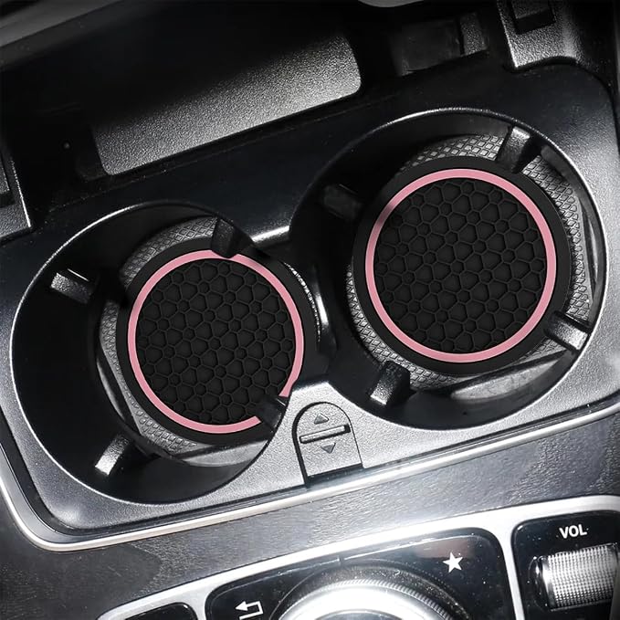 Mandark Car Cup Holder Coasters, 2.75 Inch Non-Slip Insert Water Bottle Holder Pads, Dustproof Automotive Interior Accessories Mat, Universal for Vehicles, Trucks, RVs and More (Black/Pink, 2PCS)