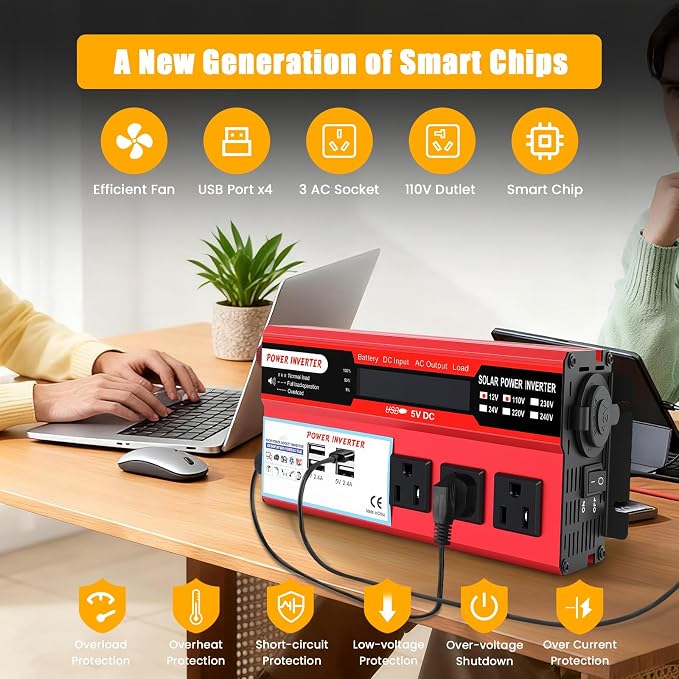 1000W Peak Power Inverter 12V DC Volt to 110V AC Car Inverter with LCD Screen Display, 3 AC Outlets, 4X 2.4A USB Port, Car Power Converter for Truck, Home, Vehicles, Laptop, Trip