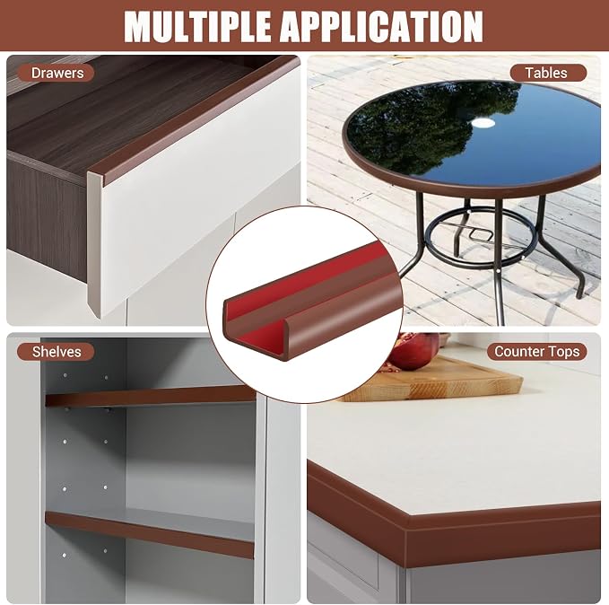 Slimline Cabinet Door Edge Protector, 3/4" Self Adhesive Peel and Stick Rubber Edge Guards, Flexible U Shaped Strips for Kitchen & Garbage Drawer Fronts, Edge Trims for Desks and Shelfves, Brown, 10Ft