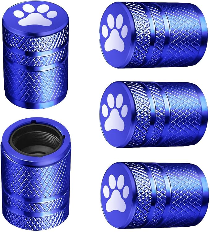 Tire Valve Stem Caps - (5 Pack) Metal Air Caps with Plastic Liner, Corrosion Resistant, Leak-Proof, Dog Cat Paw Universal Stem Covers for Cars Trucks Motorcycles and Bikes - Blue