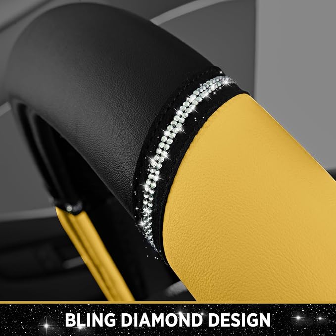 Leather Steering Wheel Cover - Made with PVC Leather - Anti-Slip, Universal Fit 14 1/2 inches to 15 inches - Yellow