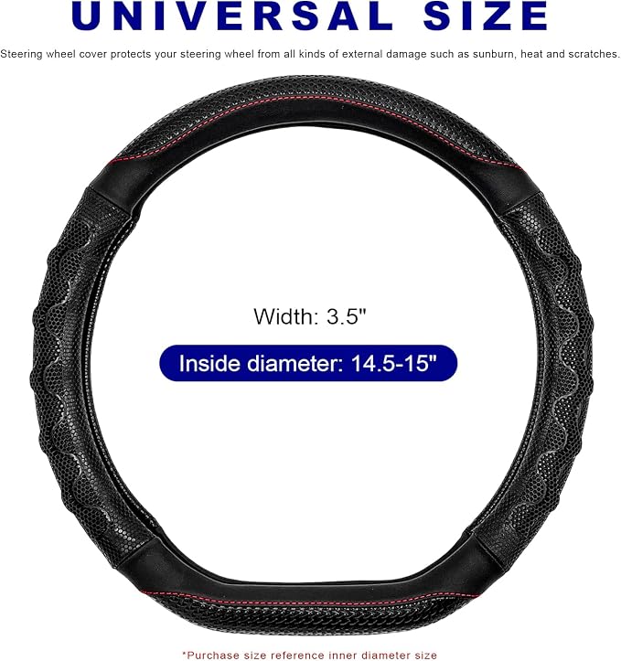 D-Shaped Steering Wheel Cover, Leather Car Wheel Protector with 3D Honeycomb Anti-Slip Design, Universal Breathable Comfy Cover Fits 14.5-15 Inch Steering Wheels, Car Accessories (Black)