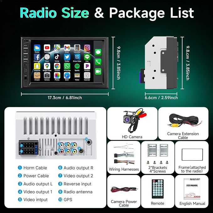 Car Stereo Double Din Radio with Bluetooth, Car Radio Touchscreen 7 Inch MP5 Player Car Stereo with Backup Camera Bluetooth, Mirror Link, FM/SWC/USB/SD/AUX, Car Audio Receivers with Subwoofer
