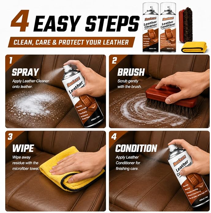 Leather Cleaner and Conditioner Kit, Car Leather Care Set with Horsehair Cleaning Brush, Deep Cleans, Conditions and Restores Car Interiors, Furniture, Shoes, Boots, Bags & Apparel