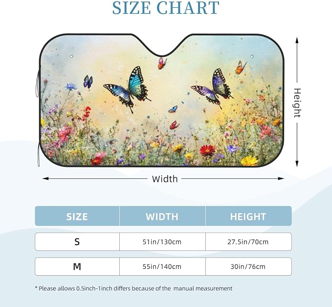 Windshield Sun Shade Flying Butterfly Art Watercolor Car Front Window Sunshade Cover for Truck SUV Blocks UV Rays Automotive Visor Interior Protector 51 x 27.5 inch