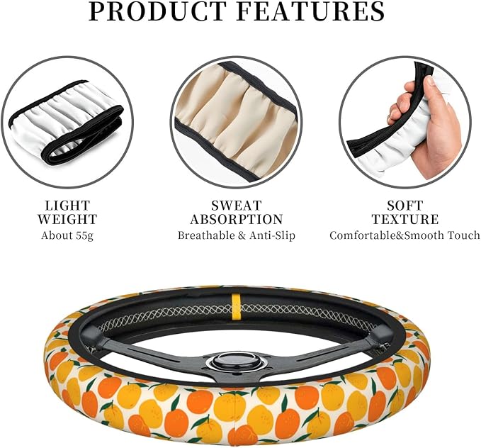 Orange Steering Wheel Cover Anti-Slip and Practical 14.5-15 Inch Universal Car Steering Wheel Cover with 2 Pieces Car Coasters Suitable for Men Women