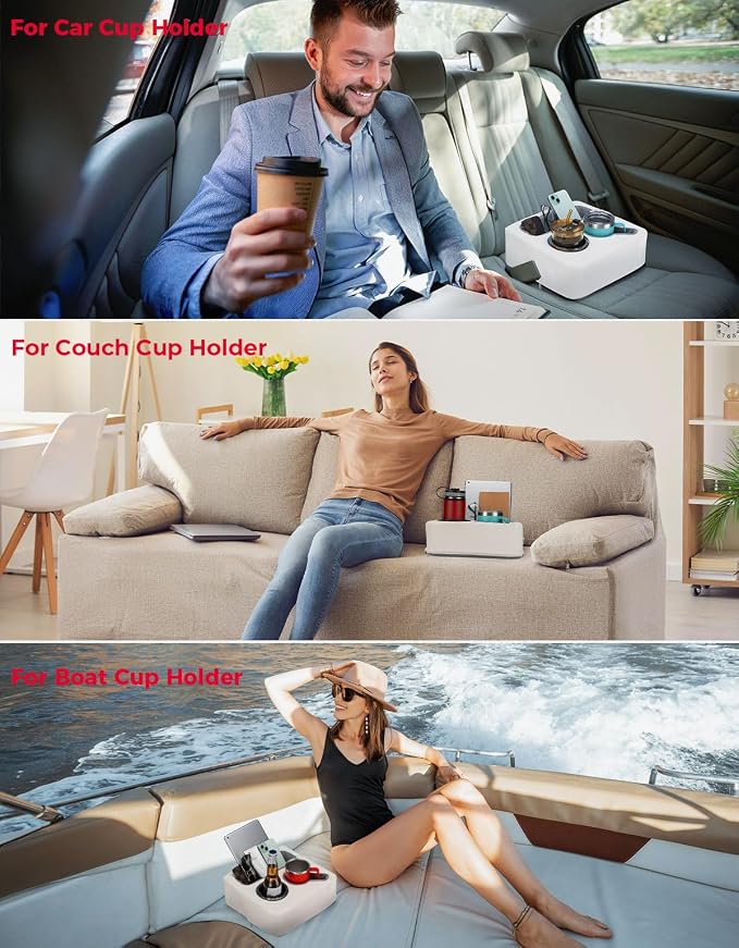 Back Seat Cup Holder for Car, Couch Cup Holder, Car Truck Boat Organizer, Couch Sofa Bed Expander Tray Holds Drinks, Snacks, Remote, Cell Mobile Phone (White)
