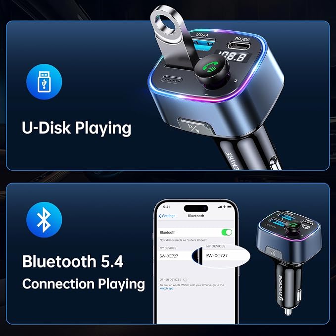 Bluetooth 5.4 FM Transmitter Car Adapter 48W(PD 36W & 12W) [Light Switch] [Hi-Fi Deep Bass] [Fast Charging] Wireless Radio Music Adapter LED Display Hands-Free Calling Support USB Drive