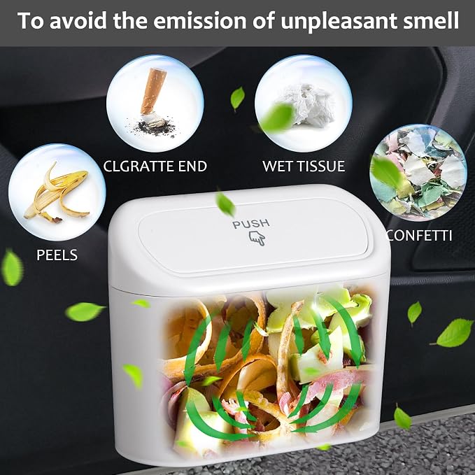 Car Trash Can with Lid, Vehicle Dustbin Garbage Organizer Holder with One Roll Bag, Mini Leakproof Storage Bin for Auto, SUV, Office (White)