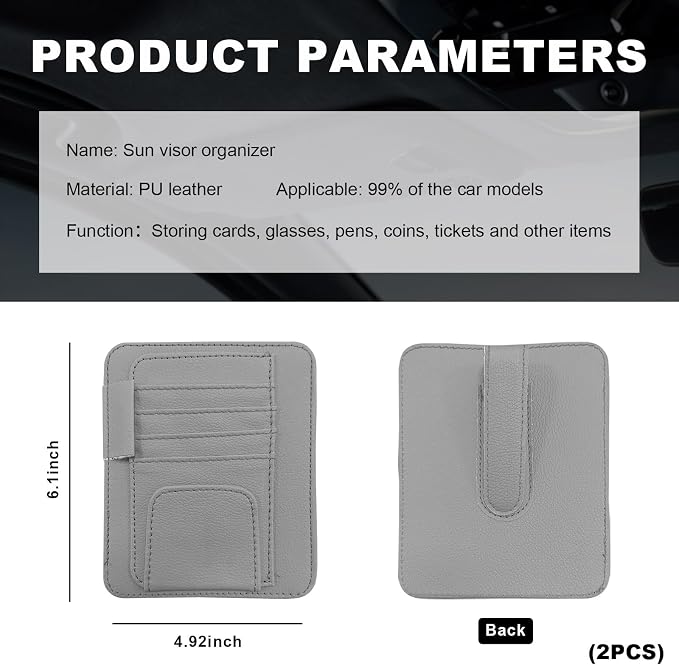 2PCS Small Leather Car Sun Visor Organizer, Multifunctional Auto Visor Document Holder with Sunglasses Clip, Universal Car Interior Organizer for Drving License, Card, Pen (Gray)