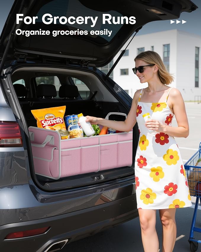 Trunk Organizer for SUV – Foldable & Portable Car Organizers and Storage with 2 Compartments, Large Capacity Car Trunk Organizer Car Accessories for Truck Sedan, Pink, 21.7" x 12.8" x 11.0"