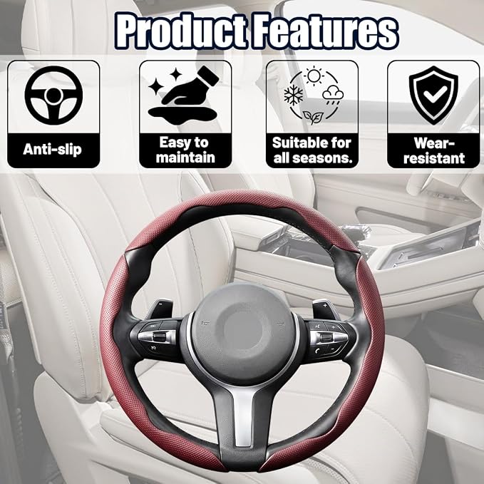 3PCS/Set Car Steering Wheel Cover, Leather Segmented Anti-Slip Automotive Wheel Protector, Soft Breathable Vehicle Steering Protection Covers, Universal Interior Accessories (Wine Red)