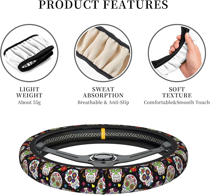 Cool Skull Steering Wheel Cover, Halloween Christmas Steering Wheel Covers, Non-Slip Breathable Neoprene Car Accessories Universal 15 Inch Fit Auto, Suvs, Truck