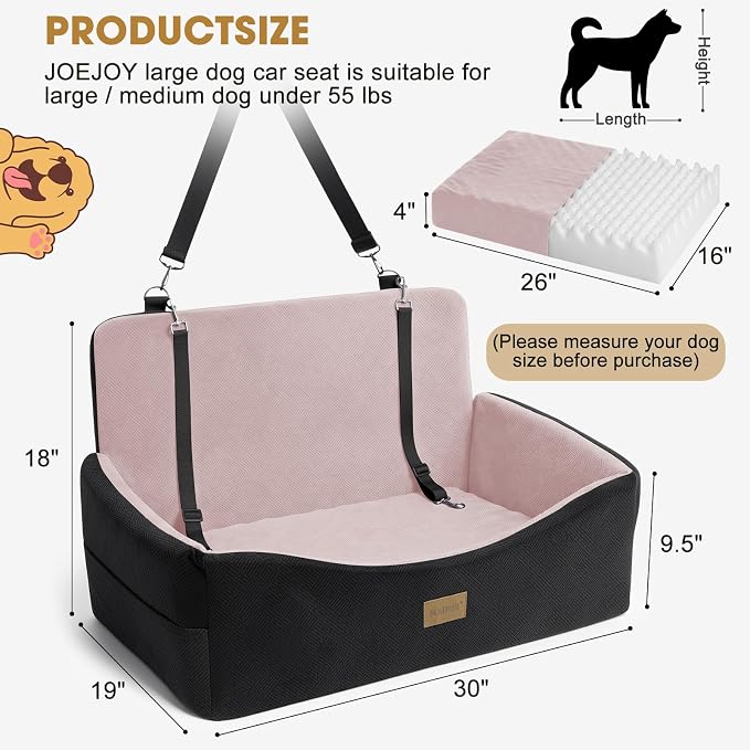 Dog Car Seat for Large Medium Sized Dogs Under 55 lbs, Dog Booster Seat for 2 Small Dogs with Detachable Washable Cover, Memory Foam Pet Car Seat with 2 Safety Belts and Storage Pockets