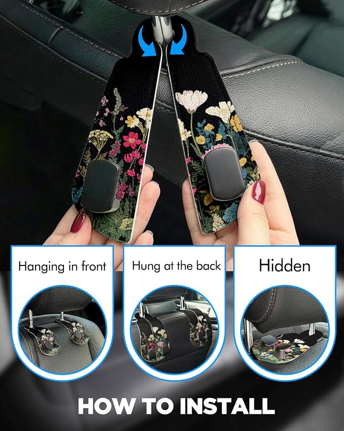 Purse Holder for Car, 2 Pack Heavy Duty Purse Hanger for Car, PU Leather Car Seat Hooks for Purses and Bags, Cute Floral Headrest Organizer for Handbags & Backpacks