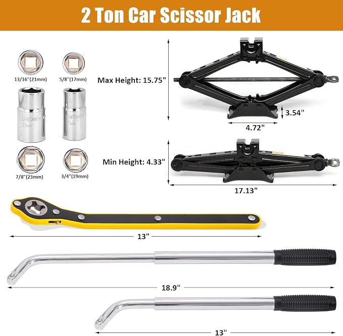 Car Jack Kit 2 Ton (4,409 lbs) Portable Scissor Jack for Car, Tire Jack Changing Kit with Lug Wrench, Black