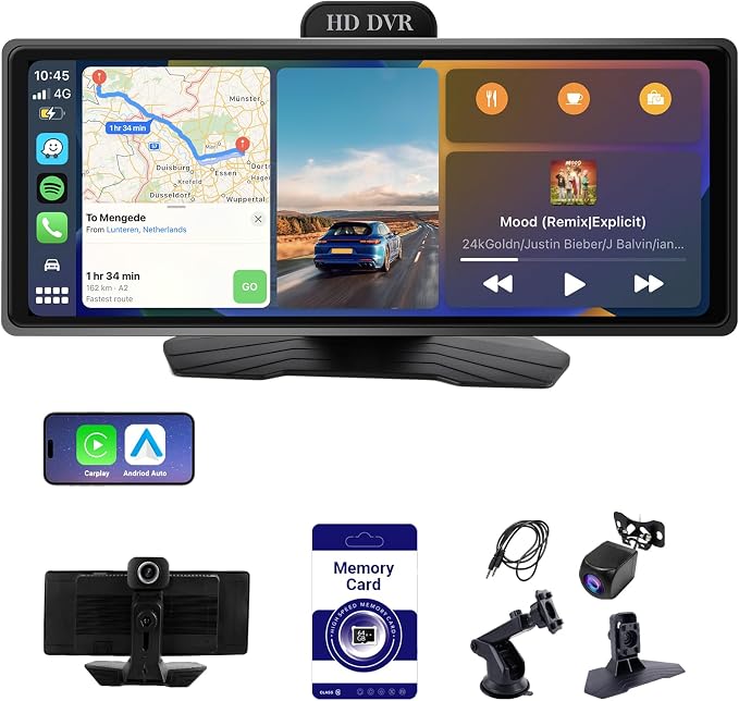 ‌10.26 Inch Wireless CarPlay & Android Auto Car Display with 1080P Dash Cam & Backup Camera All-in-One Smart Car Stereo Free 64GB SD Card