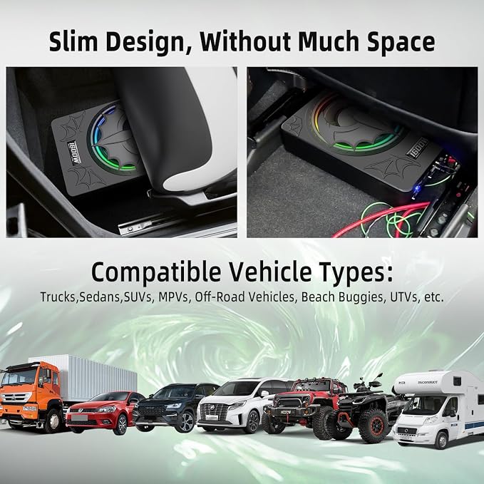 1600W Slim Underseat Subwoofer with Built-in Amp 10 Inch Sub | RGB Ambient Lighting, LPF/Gain/Bass Boost Controls, Individual Controls, Distortion-Free Deep Bass | Universal Fit for All Car