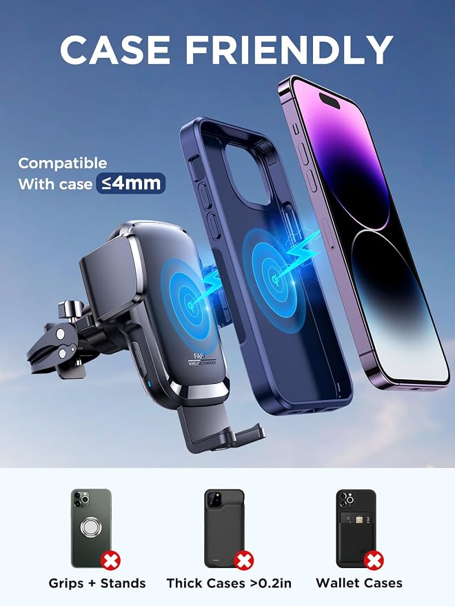 Wireless Car Charger, 15W Fast Charging Auto Clamping Car Phone Holder Charger, Air Vent Car Phone Holder Mount for iPhone 17/16/15 Pro Max Air, Galaxy S26/25 Ultra, Pixel 10 Pro and More