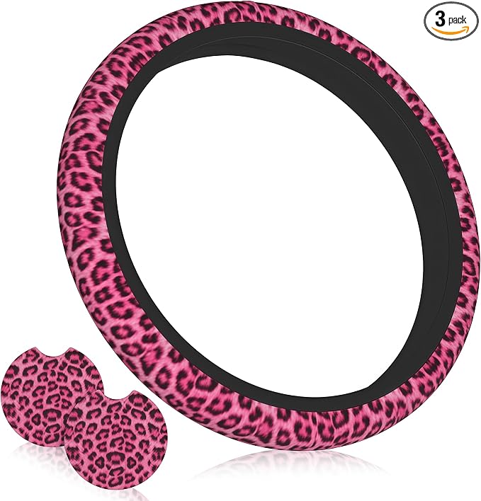 Leopard Print Pink Steering Wheel Cover 15 Inch +2 Pieces Car Coasters | Universal Anti-Slip Breathable Cheetah Print hot Pink Car Wheel Cover for Women Men