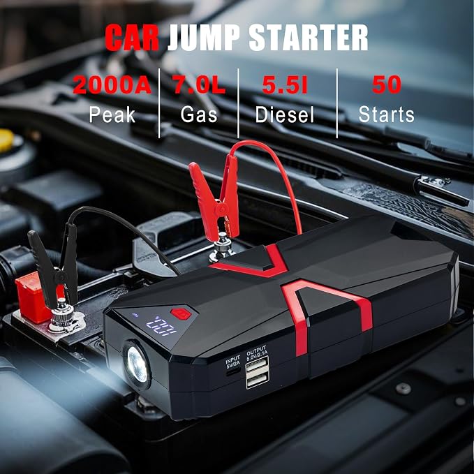 Car Emergency Kit with 2000A Car Battery Jump Starter- Car Roadside Emergency Kit, First Aid Kit, Tow Rope, Emergency Car Kit, Roadside Safety Tool Kit for Women, Men