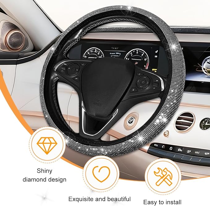 11PCS/Set Bling Car Accessories Set for Women, Rhinestone Vehicle Steering Wheel Cover Seat Belt Cushion Gear Shift Protector Cup Holder Coaster, Universal Automotive Accessories (White)