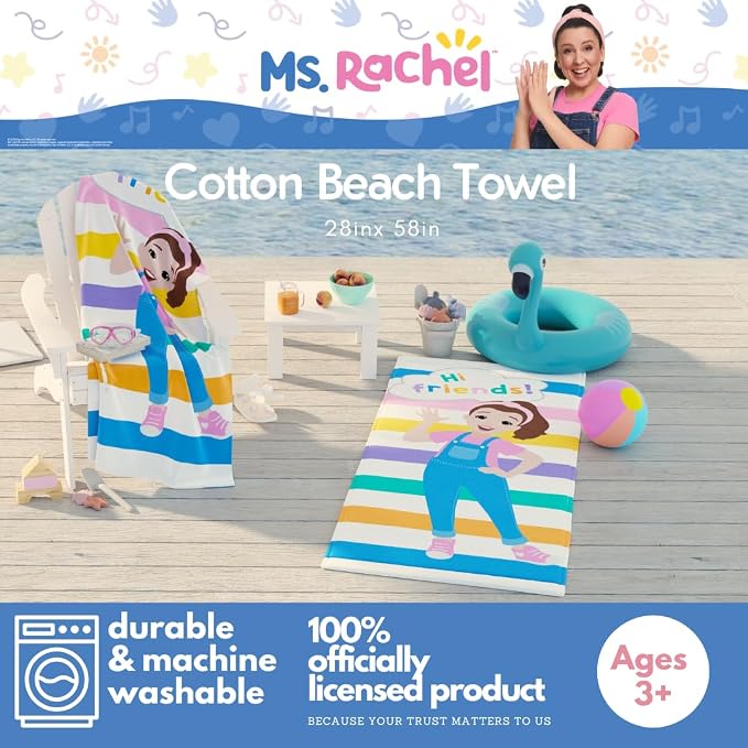 Ms. Rachel Kids Super Soft Cotton Bath/Pool/Beach Towel, 58 in x 28 in, (Officially Licensed Product) By