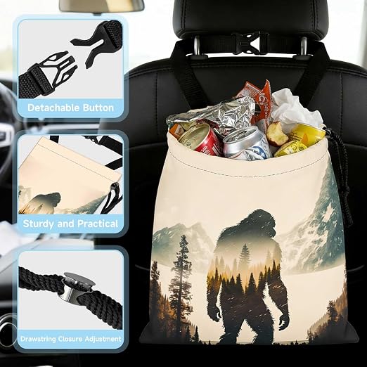 Bigfoot Mountains Forest Car Trash Bag - Waterproof Car Trash Bag Hanging Leakproof Car Garbage Bag - Washable Reusable Trash Bag For Car Interior Hanging Organizer Storage Vehicle Travelling Camping