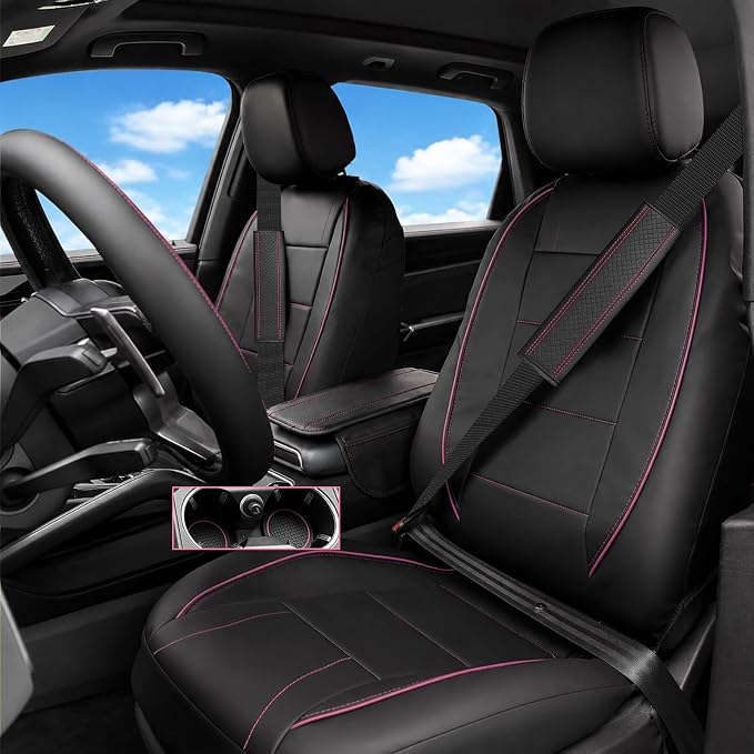 14 PCS Leather Car Seat Covers Full Set, 14.5”-15'' Sporty Steering Wheel Cover Universal, Center Console Cover, Seat Belt Cushion, Cup Holder Coaster, Car Interior Set Pink