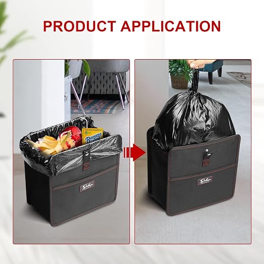 2 Pack Car Trash Can with Storage Pockets, Multipurpose Car Garbage Bin with Adjustable Straps, Foldable and Portable Organizer, Hanging for Headrest, 3 Gallon, Black
