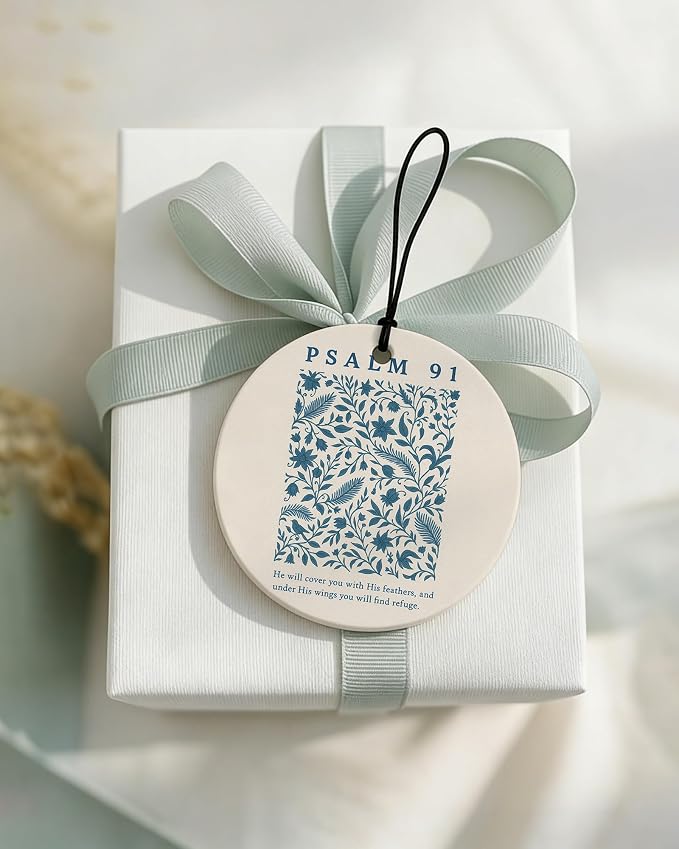 Retro Blue Christian Round Car Air Freshener 4 Pcs Coconut Scented, Inspirational Religious Car Accessories Mirror Decor for Women, Christian Hanging Air Freshener for Cars Closet Drawer Book