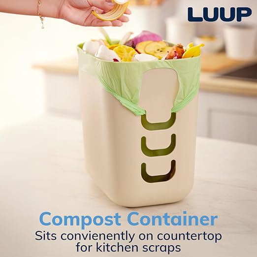 Luup Bathroom Wastebasket, Secure Grocery Bags, Plastic Garbage Container for Vanity, Laundry Room, Kitchen, Office, 2.5 Gallon, Beige, Made in USA