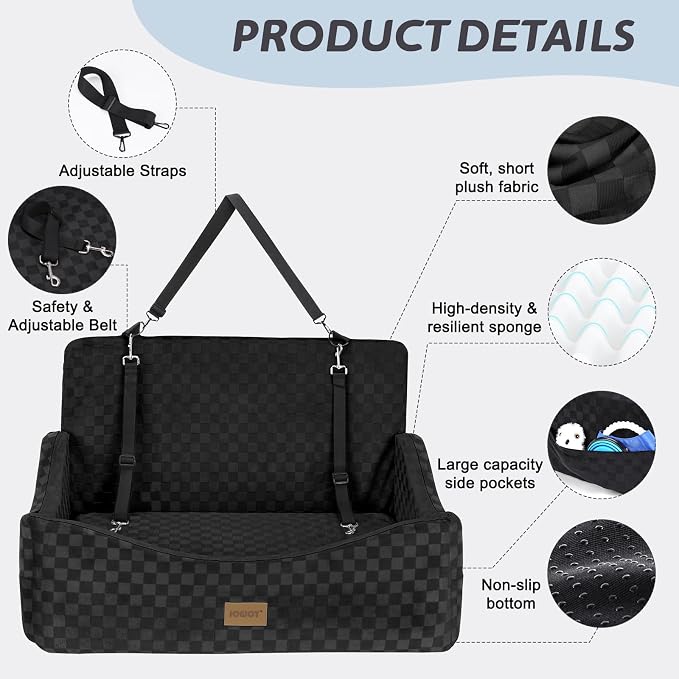 Dog Car Seat for Medium/Large Dogs - Reversible Dual-Sided Travel Dog Car Bed with Memory Foam, Washable Pet Booster Seat for Do gs up to 55 lbs or 2 Small Dogs, 2 Safety Leashes, Black