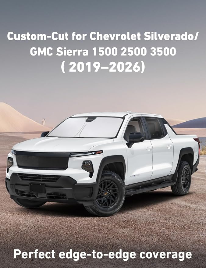 Windshield Sunshade Compatible for Chevy Silverado/GMC Sierra 1500 2500 3500 2019-2024 2025 2026, Front Windshield Sun Shade Cover, UV Heat Protector, Car Sun Visor Interior Heat Protection