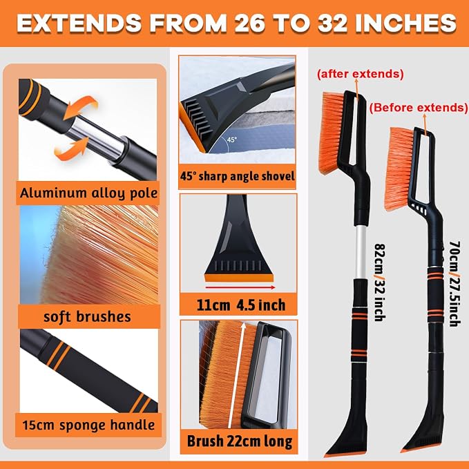 32 Inch Snow Brush - Aluminum Car Snow Scraper and Brush for Cars Windshield with Ergonomic Foam Grip for Snow Removal, Detachable Ice Scraper for Car