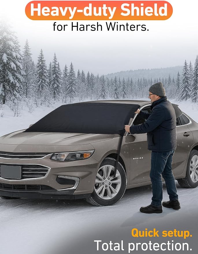 Car Snow Cover Compatible for Chevrolet Malibu | Windshield Cover for Ice and Snow with S-Hook Straps | Heavy-Duty 600D Oxford Winter Car Cover, Waterproof & Anti-Slip