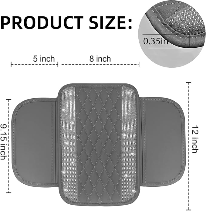 Bling Grey Car Center Console Cover, Leather Car Arm Rest Cover with 2 Storage Bags, Universal Auto Armrest Protector Storage Box, Bling Accessories Interior for Most Vehicles
