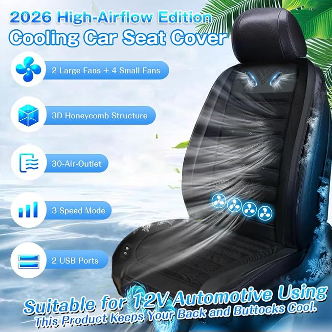 Cooling Car Seat Cover Front Seat,Ventilated Car Seat Cooling Pad with 30-Air-Outlets,Cooling Car Seat Cushion with 3-Speed Modes,Seat Coolers Universal Fit for 12V Car SUV (Black)