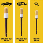 Car Detailing Brush Set 3-Pack, Interior and Exterior, | Scratch-Free Boars Hair - Exterior & Interior Cleaning Brushes - Safe for Leather, Piano Black Trim, Dashboards & Wheels