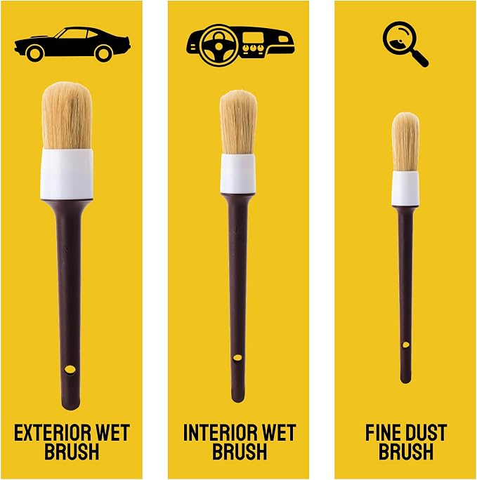 Car Detailing Brush Set 3-Pack, Interior and Exterior, | Scratch-Free Boars Hair - Exterior & Interior Cleaning Brushes - Safe for Leather, Piano Black Trim, Dashboards & Wheels