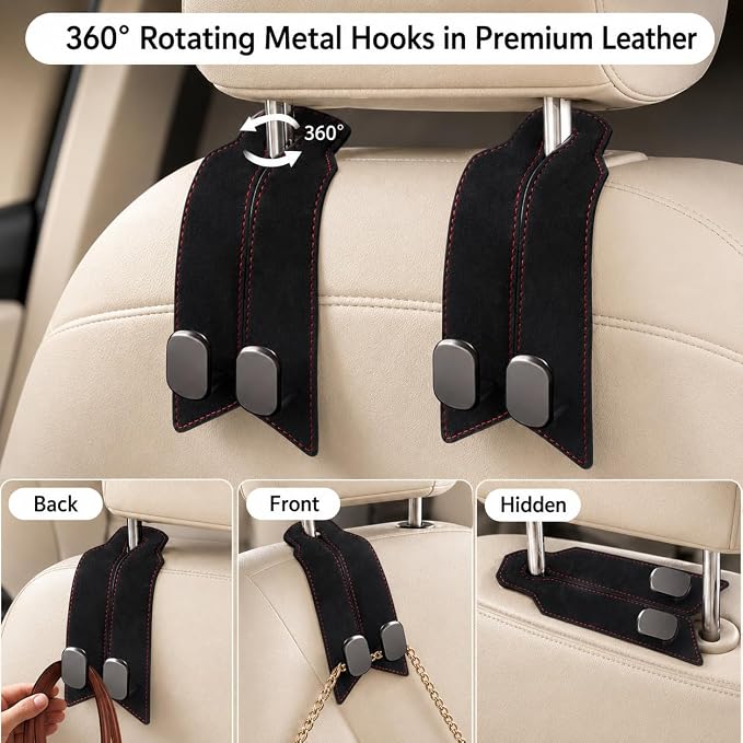 2Pcs Car Headrest Hooks with Premium Leather, Upgraded Double Metal Hooks with Anti-Drop Design, Universal Back Seat Hanger for Bags, Coats, Purses and Groceries (Classic Black)