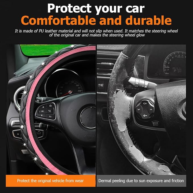 Bling Car Steering Wheel Cover, Non-Slip Elastic Stretch Leather Auto Steering Wheel Protector, Sparkling Diamond Vehicle Decor Accessories for Women Girls, Universal for Vehicles (Pink)