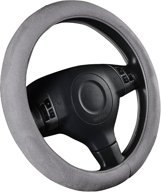Car Steering Wheel Cover,14.5-15 Inch Gray Faux Suede Universal Memory Foam Auto Steering Wheel Covers Breathable Anti-Slip Odorless Steering Wheels Accessories for Men Women