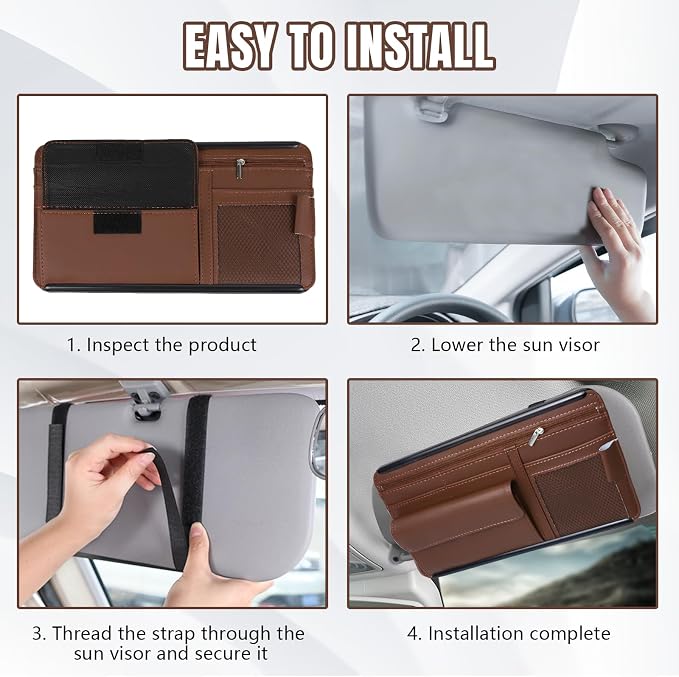 Car Visor Organizer, Leather Multi-Pocket Auto Sun Visor Storage Pouch with Sunglasses Holder, Card Holder, Zipper Pocket, Net Pocket, Pen Slot, Universal Interior Car Accessories (Brown)