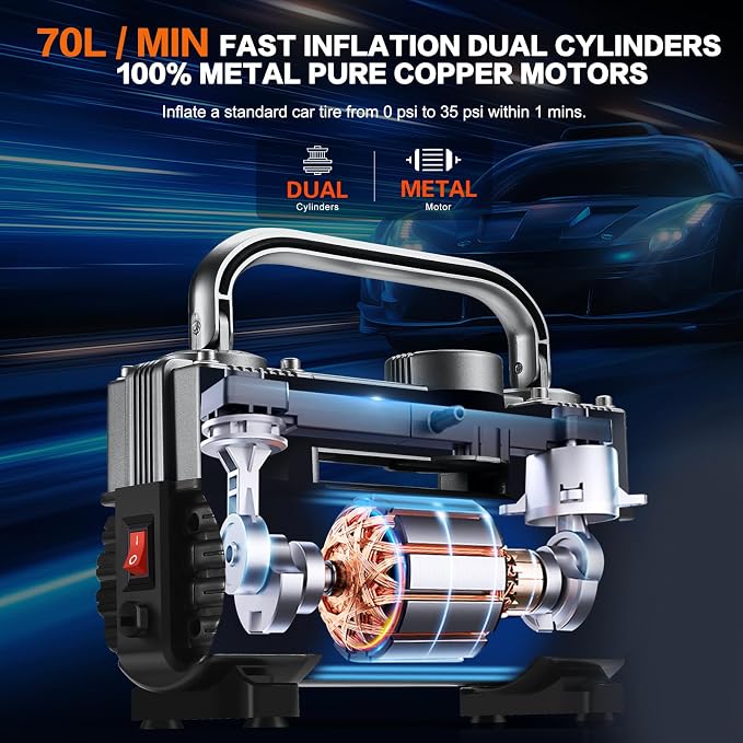 12V Heavy Duty Tire Inflator Metal Portable Air Compressor Pump | 6X Faster Inflation Double Cylinders 150PSI Air Pump with Adapter for Car, RV,Pickup Truck, SUV, Van,Camper, Air Bed,Ball