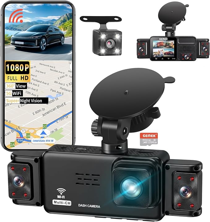 5 Channel Dash Cam 360° View 5G WiFi & APP Control, 2K Front and Rear Inside, Left Right Dash Camera for Cars Free 64GB TF Card, G-Sensor, Night Vision, 24H Parking Mode