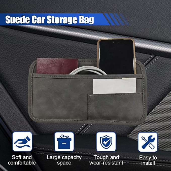 Car Seat Side Pocket Organizer, Suede Auto Door Storage Pouch, Mini Self-Adhesive Car Console Organizer, Universal Vehicle Cell Phone Holder for Key, Pen, Sunglasses(Gray)