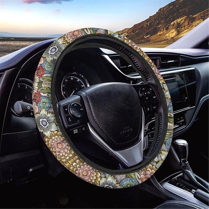 Boho Floral Bright Blossoms Car Steering Wheel Covers for Womens Anti-Slip Comfortable Stretch-on Steering Wheel Protector Cover Sweat Absorption Cover Car Accessories